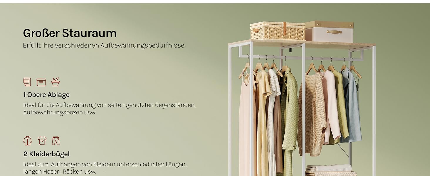 Вільна вішалка для одягу WOLTU з полицею, для спальні/коридору, стабільна, з дерева та металу, білий + світлий дуб