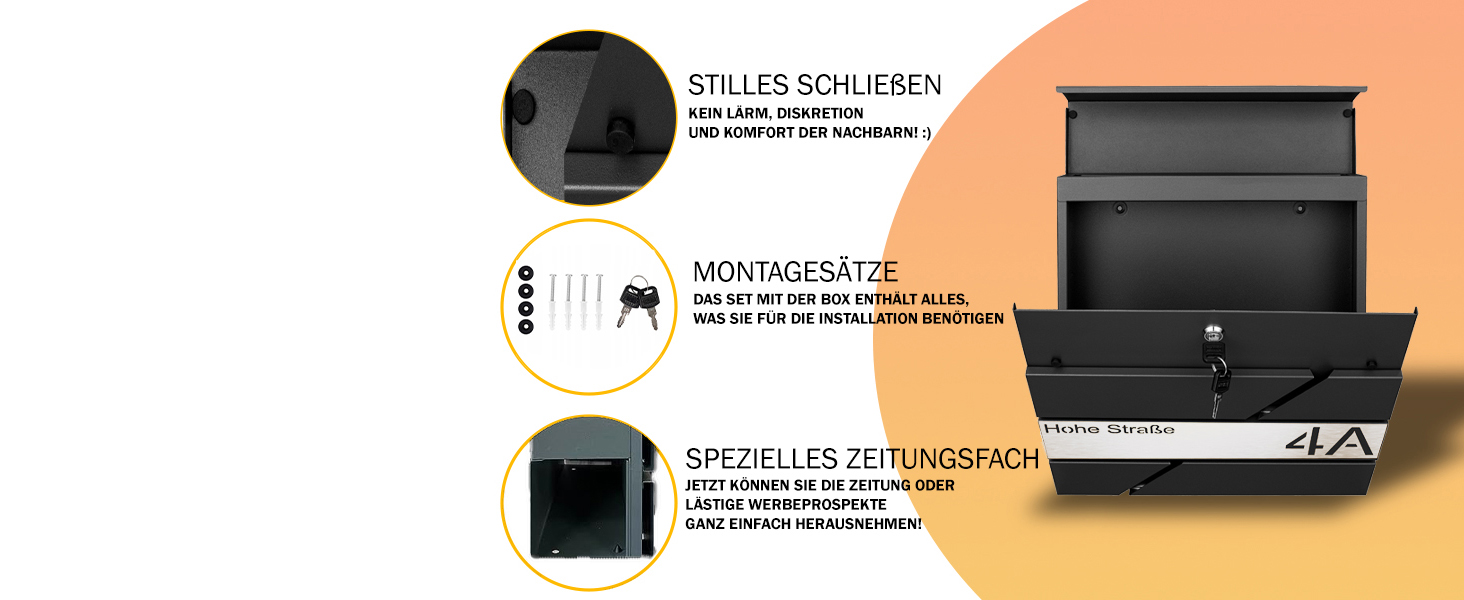 Поштовий ящик з газетницею з нержавіючої сталі, настінний, з замком та відділенням для преси, лазерне гравіювання (чорний)