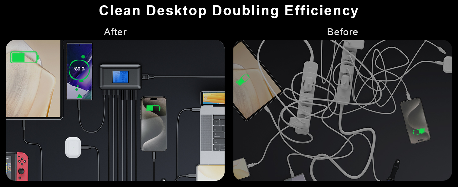 Зарядний пристрій RENGOGA 200W USB-C GaN 8 портів з LED дисплеєм для MacBook, iPad, iPhone, Samsung Galaxy - чорний