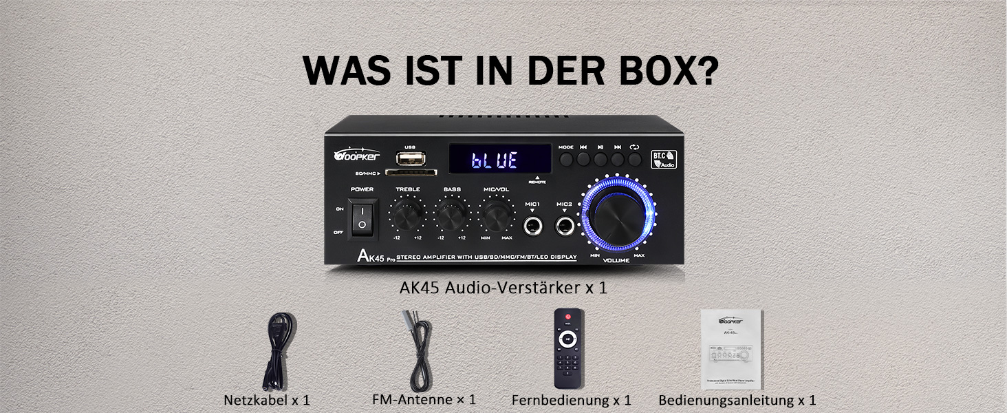 HiFi підсилювач WOOPKER AK45 Pro, 500 Вт, Bluetooth, 2-канальний, стерео, міні аудіо ресивер з FM-радіо, USB/SD/AUX/RCA/MIC входами, 12В/220В для колонок