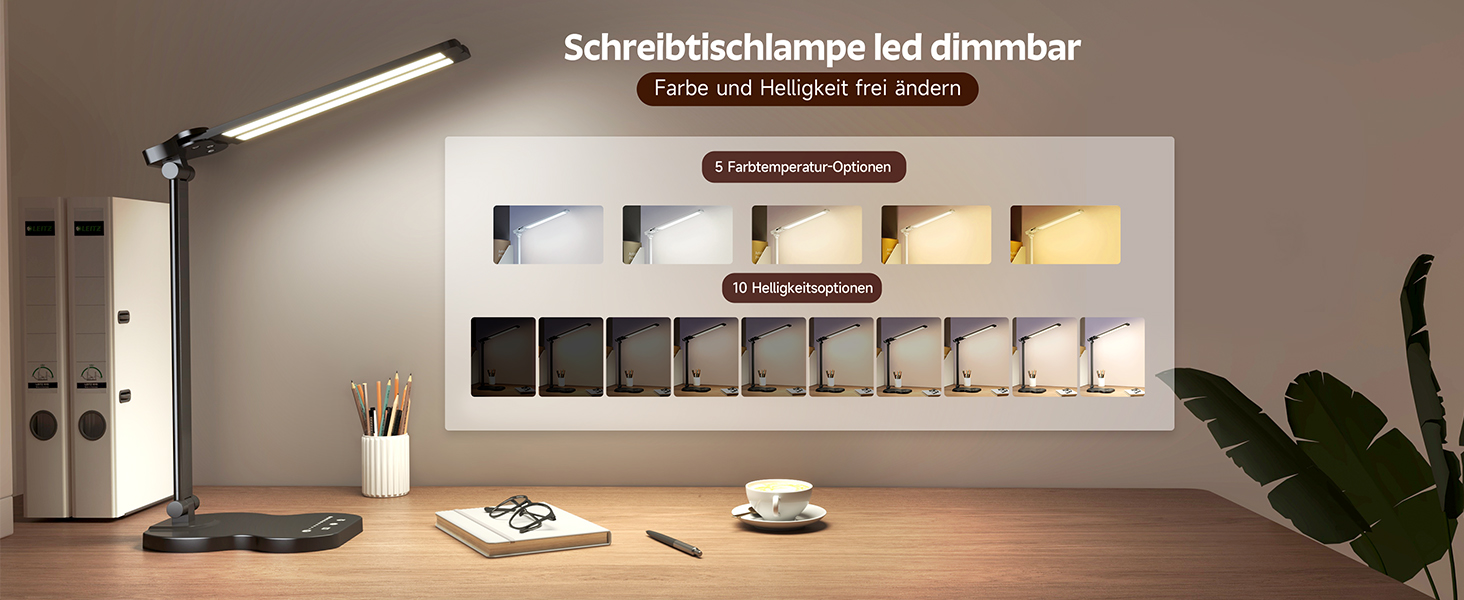 LED лампа настільна з двома руками, 5 кольорів та 10 рівнів яскравості, таймер вимкнення 45 хв, сенсорне керування, для навчання (біла) (чорна)