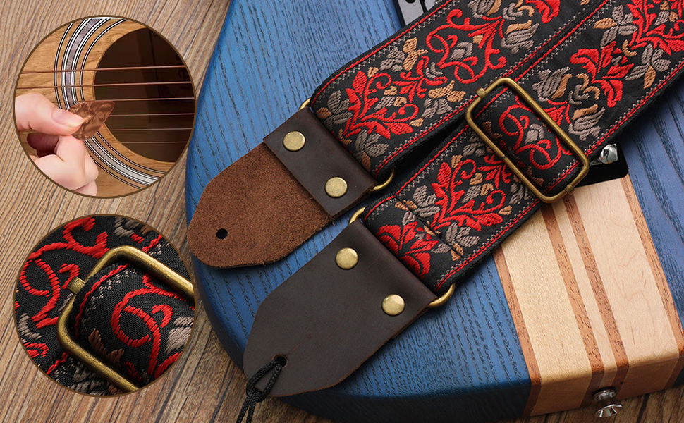 Гітарний ремінь з бавовни для акустичної гітари, 2 шт. Вишитий гітарний ремінь для бас-, електро- та акустичних гітар, безкоштовна пряжка, замок для ременя та медіатор, ретро-червона квітка