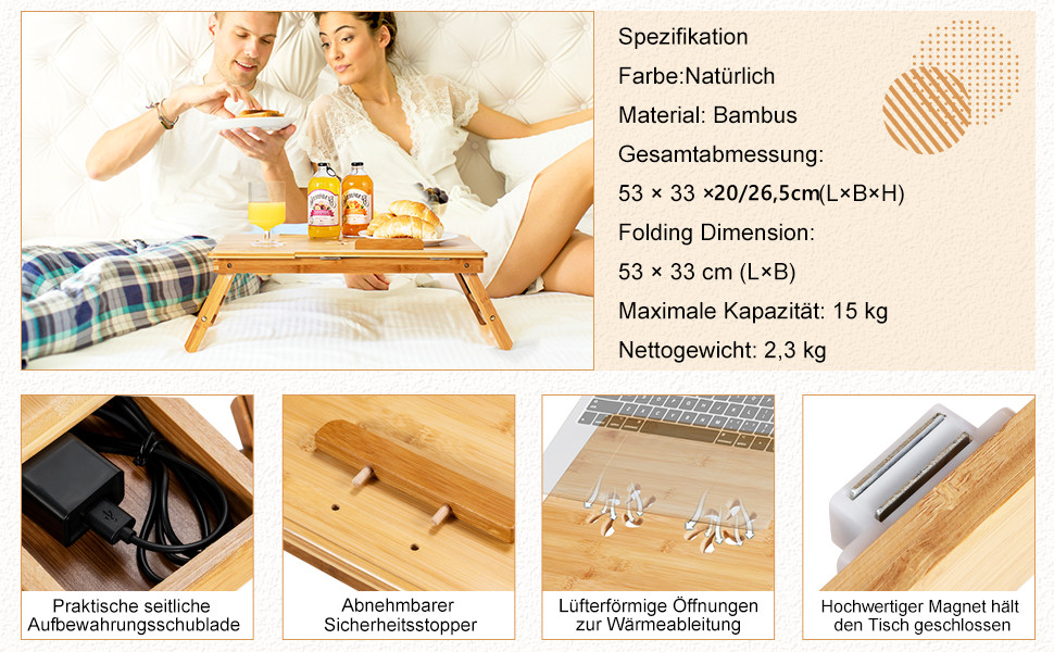 Столик для ноутбука COSTWAY з бамбука, регульований по висоті та куту нахилу, з вентиляцією, з ящиком, складний, для роботи та відпочинку, 53 x 33 x 20-26,5 см (натуральний бамбук)