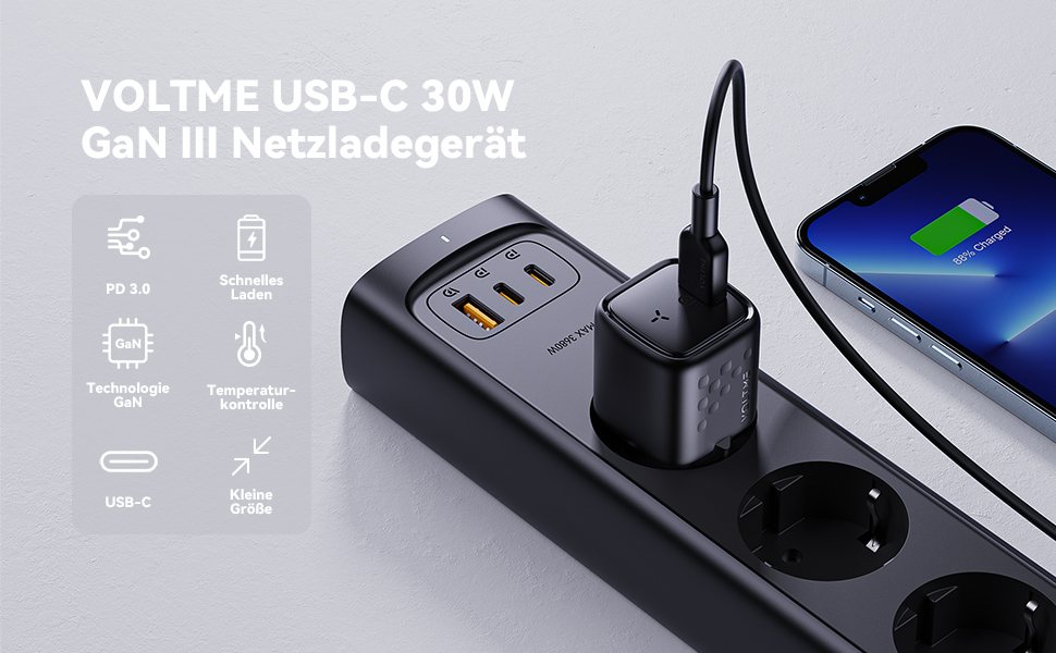 VOLTME зарядний пристрій USB-C 30W 2 шт. GaN, чорний: компактний адаптер живлення для iPhone 14/13, iPad, Android, Samsung, Huawei