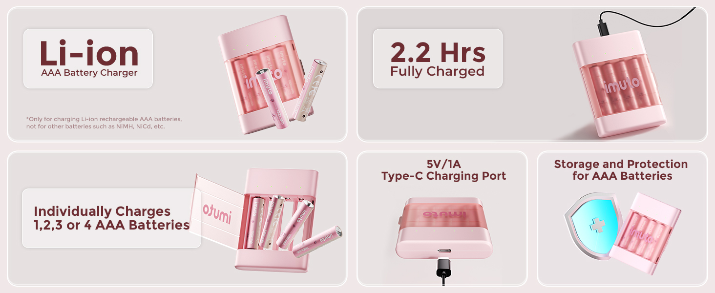 Імуто Акумулятори Li-Ion AA, 8 шт. з зарядним пристроєм, 2500 мWh, висока ємність, 1.5V, 1600+ циклів, низький саморозряд