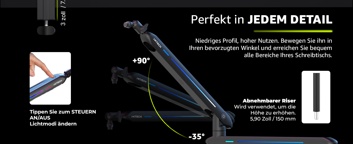 Кріплення для мікрофона IXTECH RGB Low Profile з регулюванням, настільний стійка з кріпленням, поворотний мікрофонний тримач з кабельною організацією для стрімінгу та подкастів, 4 ящірки RGB