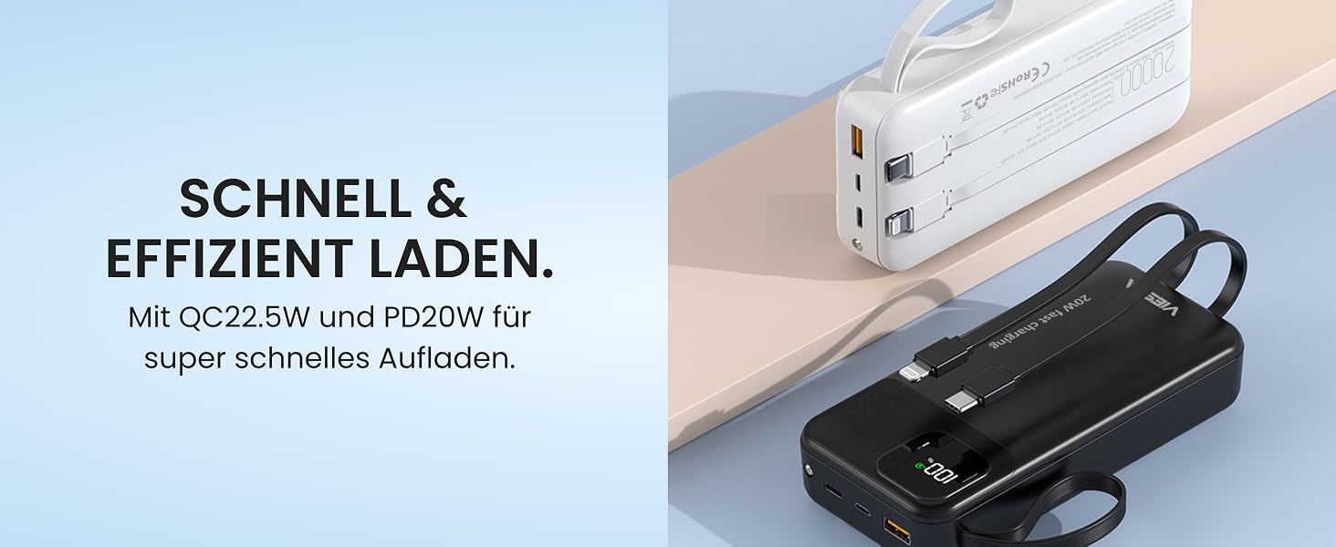 Універсальний зовнішній акумулятор All-IN-ONE Powerbank 10000 mAh чорний: швидка зарядка 22.5W, PD 20W, бездротова зарядка 15W, зарядний пристрій для Apple Watch, вбудовані кабелі USB-C та Lightning, LED-дисплей, алюмінієва підставка