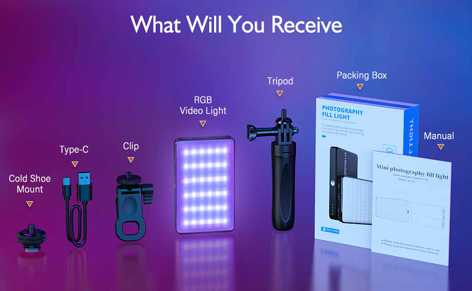 LED світло для селфі на телефон ST-120RGB-CT: 120 світлодіодів, 2500-9000K, регулювання яскравості, 3000mAh, CRI 95+, з тримачем та штативом для фото/відео