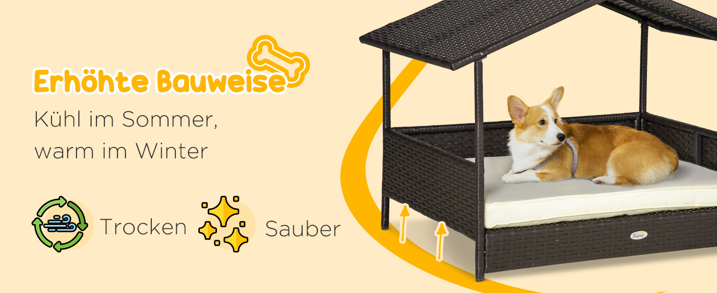 PawHut Лежанка для собак на вулицю з дахом, піднята лежанка для маленьких та середніх собак, прохолодна лежанка для домашніх тварин з металевим каркасом, подушка для вулиці, 69 x 98 x 70 см, кавово-коричневий колір