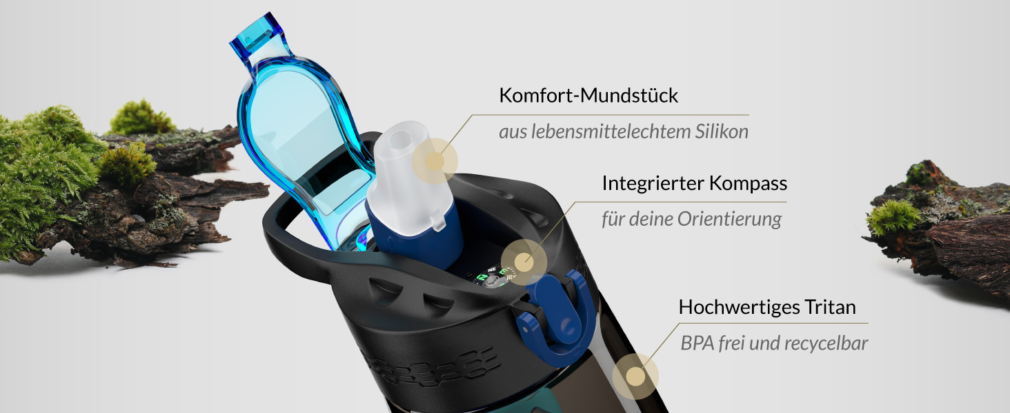 BERGKVIST® Outdoor Water Filter Bottle OBSIDIAN (650ml) with Compass - Filter Water Bottle for Clean Drinking Water - Water Purification for Camping, Prepper & Survival Gear (Black)