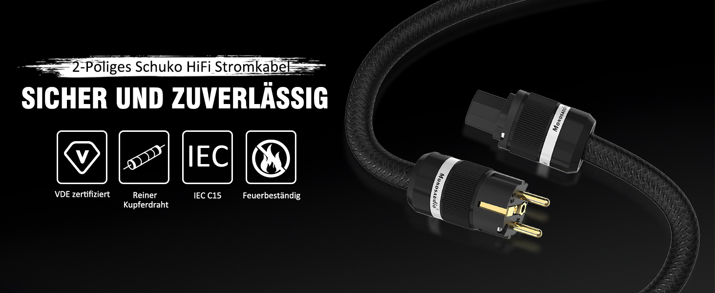 Hi-Fi мережевий кабель Monosaudio P903 OCC 2.5Sq, мідний екран, 1.5м, роз'єми EU Schuko та IEC C15 для підсилювача, DVD, сабвуфера