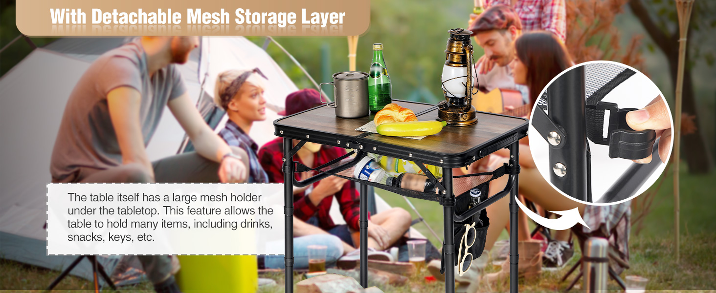 REDCAMP Складаний столик з регулюванням висоти, легкий портативний туристичний столик 60x40 см (4 положення) з сітчастою поверхнею, для дому та відпочинку на природі, балкона, ринку, кухні, темно-коричневий (під дереву, 60*40 см, 4 висоти)