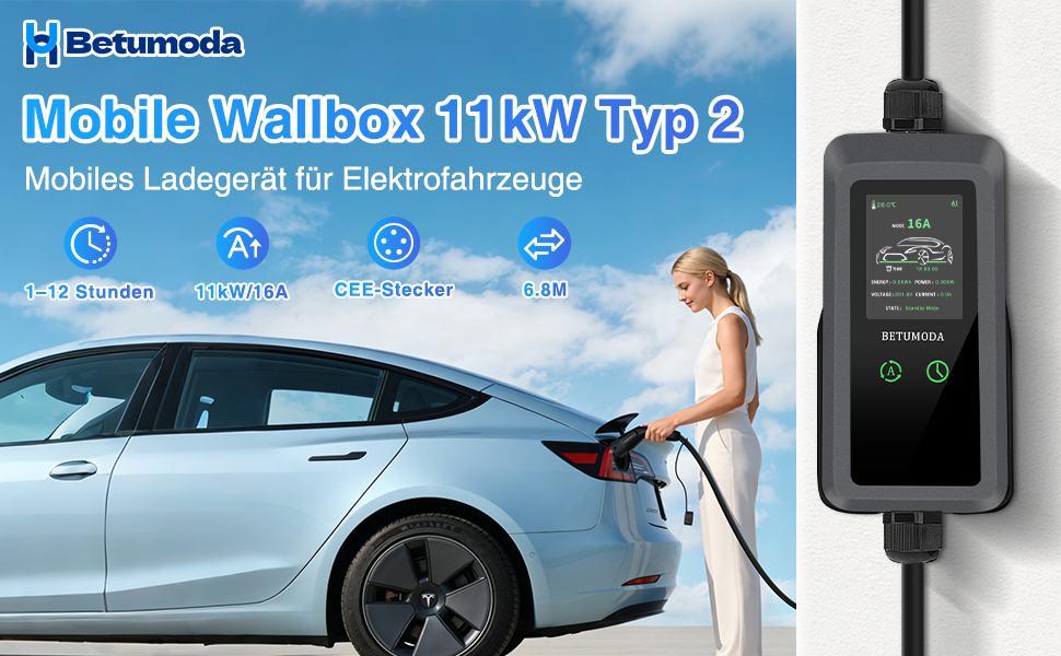 Зарядний пристрій (Wallbox) 11 кВт для електромобілів, 3 фази, 8-16A, IP65, кабель 6.8м - Tesla Model Y/3, ID.3/4/5, MG4, EX30 та ін.