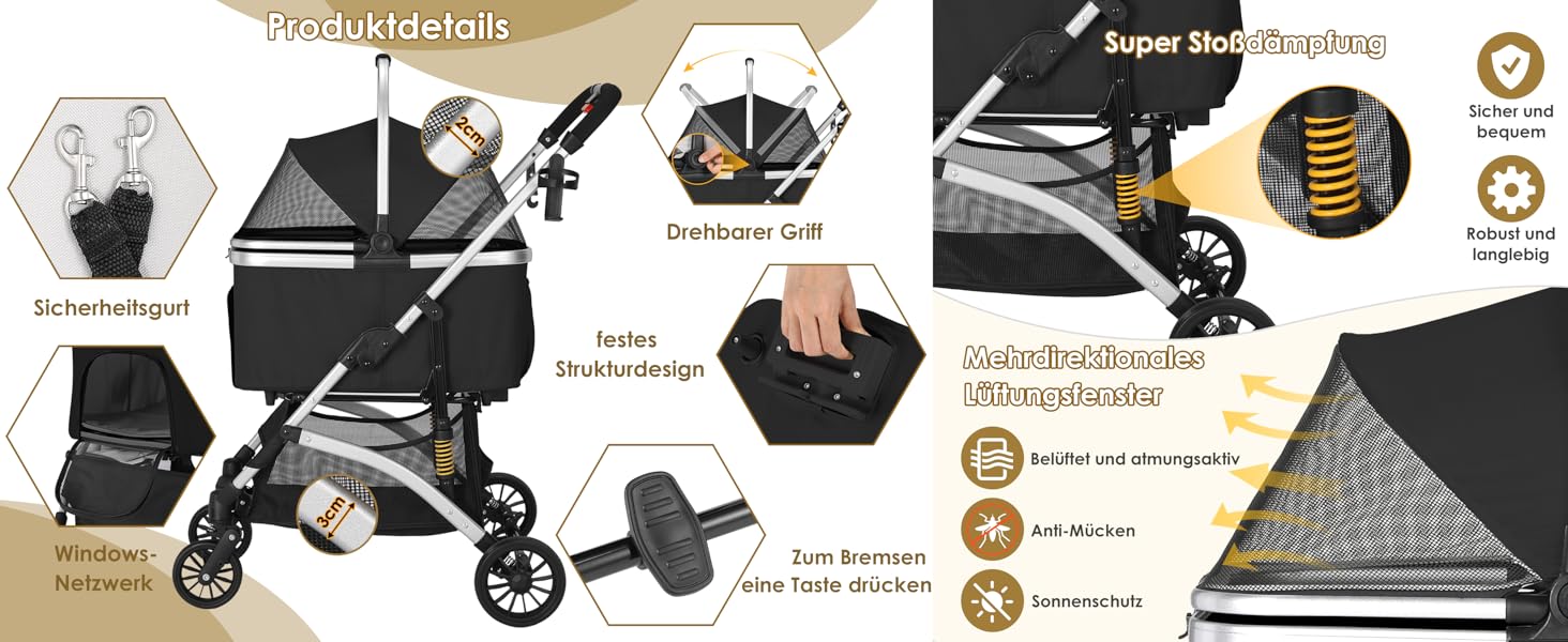 Візок для собак Mamizо 3-в-1: візок, переноска, сумка. До 20 кг, поворотні колеса, кошик, тримач для напоїв, для собак та котів (сріблястий, чорний)