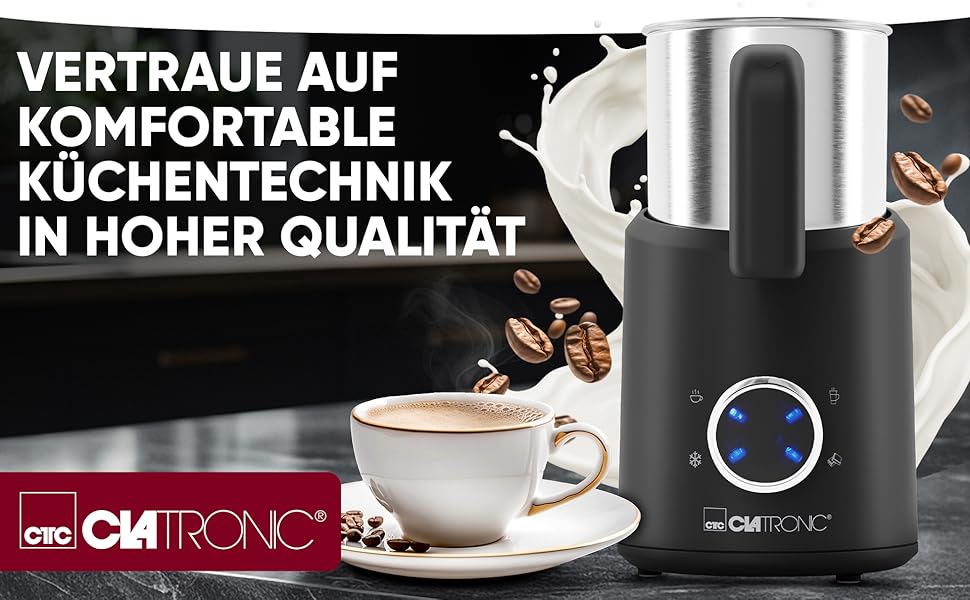 Електричний пінозбивач Clatronic® MS 3812 | з нагріванням | для теплого та холодного пінo | 740 мл | Чорний-inox | Модель 2024