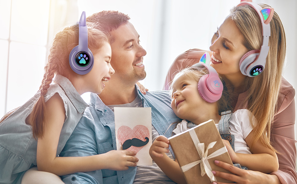 Дитячі навушники AXFEE з Bluetooth, Over-Ear, котячі вушка, LED-підсвітка, мікрофон, Micro SD/TF, рожеві