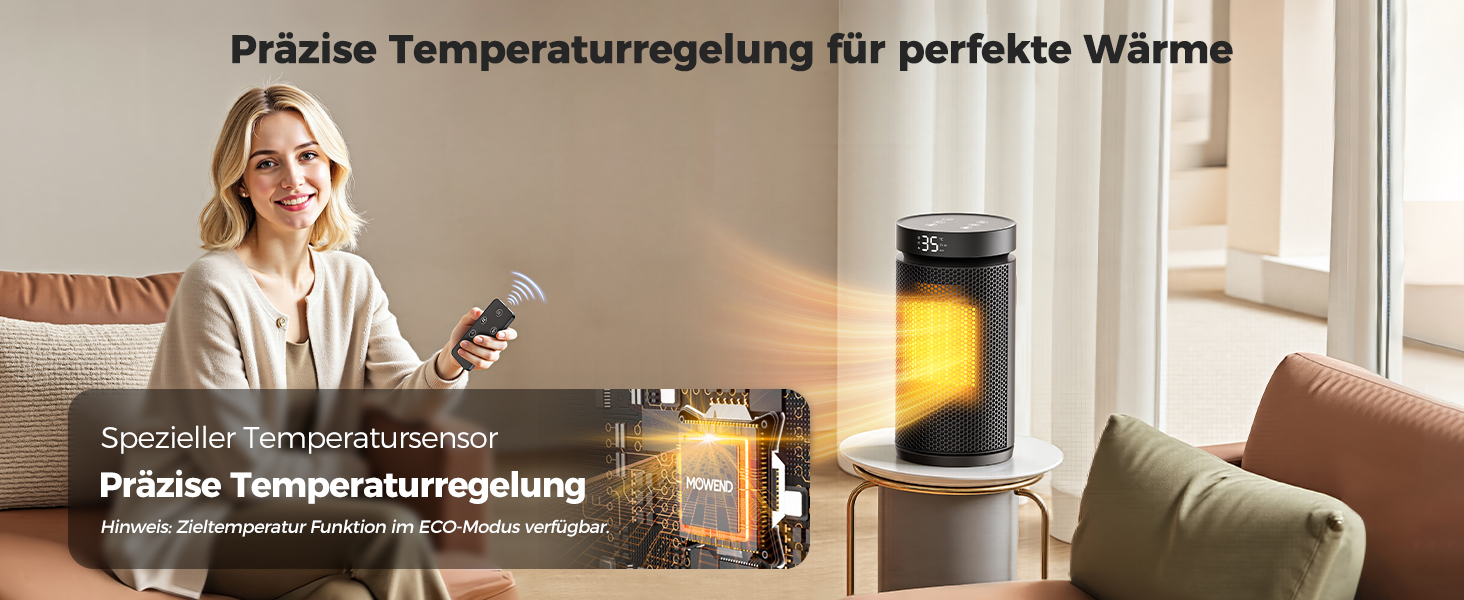 Керамічний обігрівач 1500W з термостатом, захистом від перегріву та нахилу, 75° осциляція, ECO-режим, 2-в-1 для дому (чорний, круглий)