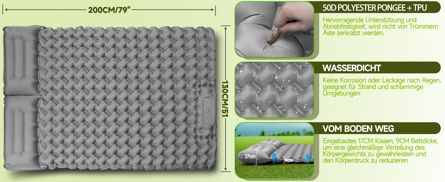 Каремат для кемпінгу Isomatte 9 см, 200x68 см - надувний матрац з подушкою, водонепроникний, для туризму, пляжу, намету (сірий)
