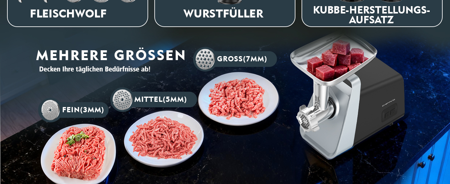 М'ясорубка електрична CHEFFANO 2000W з насадками для ковбас та кубебе, нержавіюча сталь, чорна