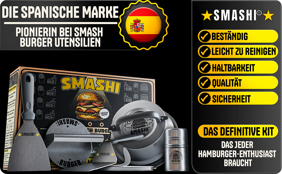 Професійний набір для smash-бургерів SMASHI з нержавіючої сталі 304: прес, 2 лопатки, ковпак, шейкер для спецій, антипригарний папір, EU-сертифікат, 25 рецептів