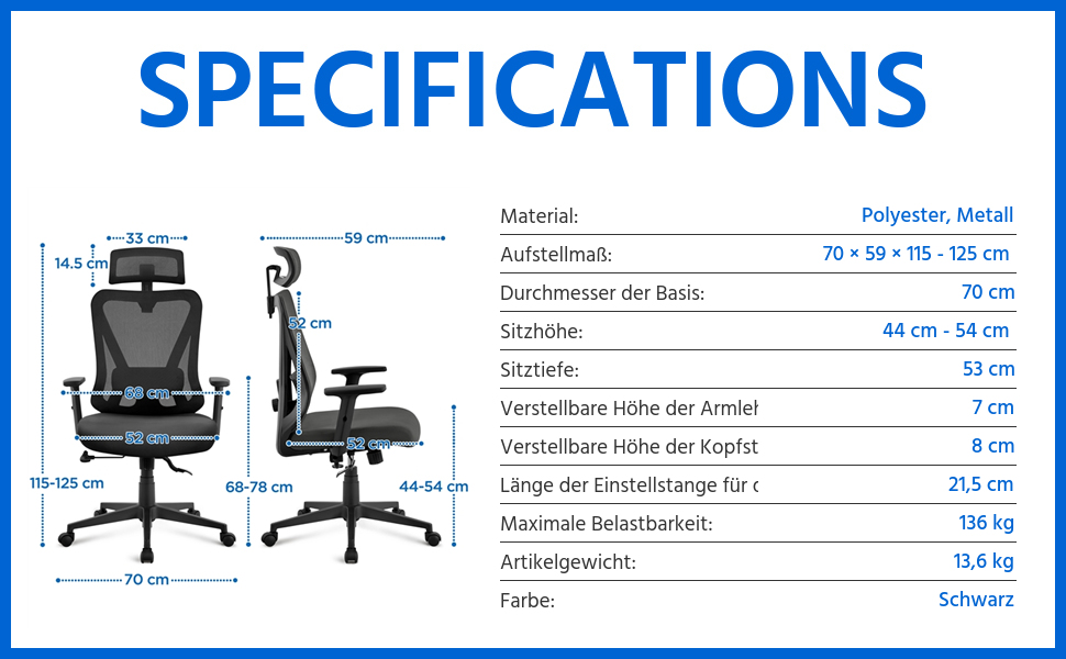 Офісне крісло Yaheetech з регульованою підголовником та поперековою підтримкою, дихаюча сітчаста спинка, широке сидіння, S-подібна спинка, поворотне на 360°, чорний