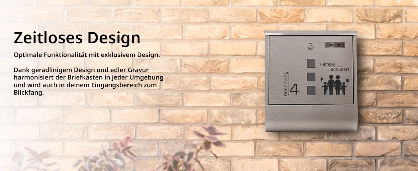 Поштовий ящик Grafner з нержавіючої сталі, персоналізований з газетницею та 2 ключами. Гравіювання імені, вулиці та номера будинку. Комплект для монтажу (Сім'я 4)