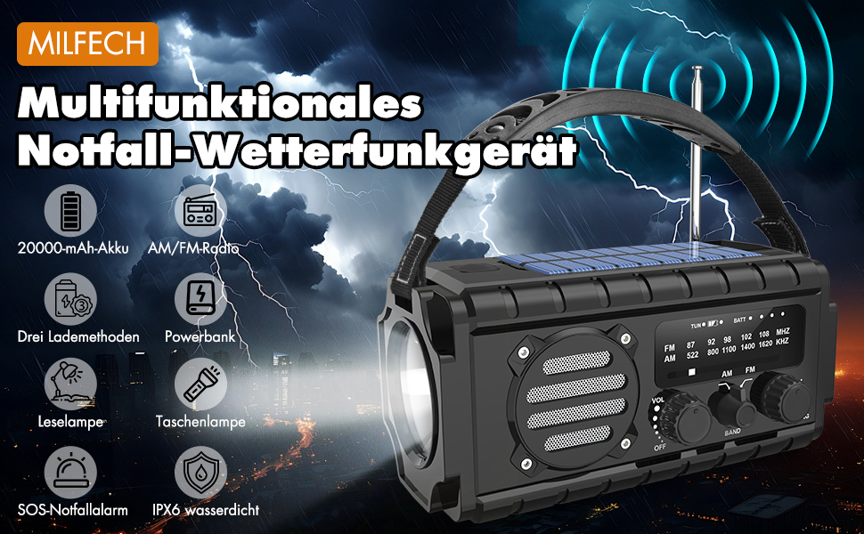 Радіо на сонячній батареї 20000mAh з ручним заводом, AM/FM, LED ліхтарик, SOS сигнал, IPX6, чорний