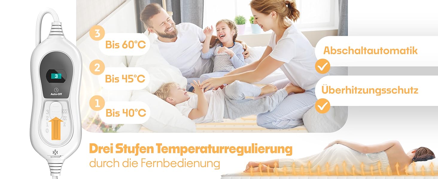 Електрична ковдра KESSER® 150x80 см з автовимкненням та пультом керування | 3 температурні режими | Підігрівальна ковдра для ліжка, матрац, тепла біла ковдра без візерунку
