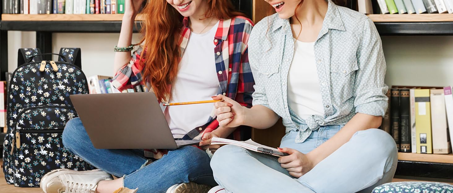 Шкільний рюкзак Leaper з квітковим принтом, сумка-рюкзак, сумочка для книг, дамська сумка 42 л, темно-синій з білим, 2 шт.