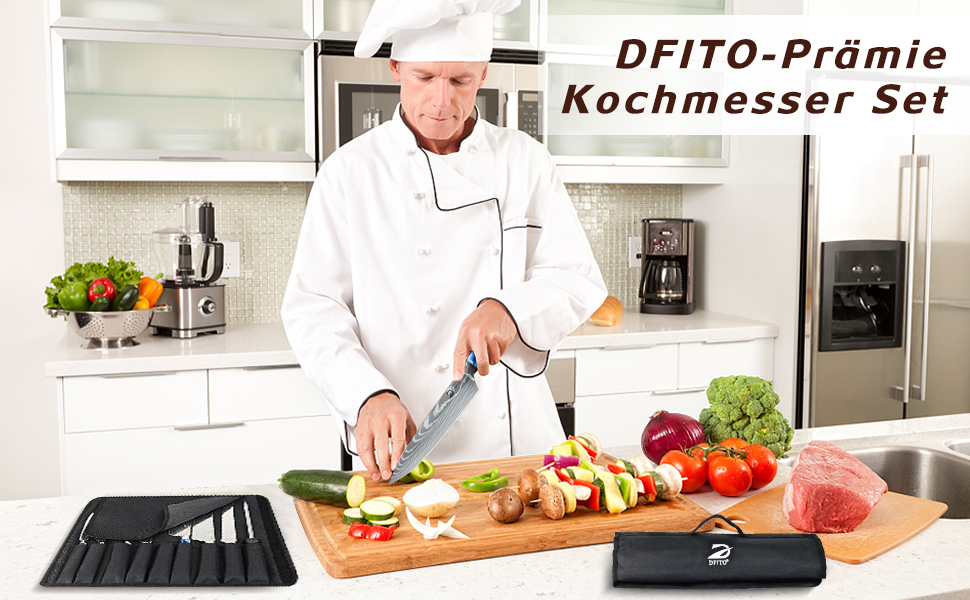 Набір кухонних ножів Dfito, 8 предметів, професійний, з роллю, з високоякісної нержавіючої сталі, синій руків'я