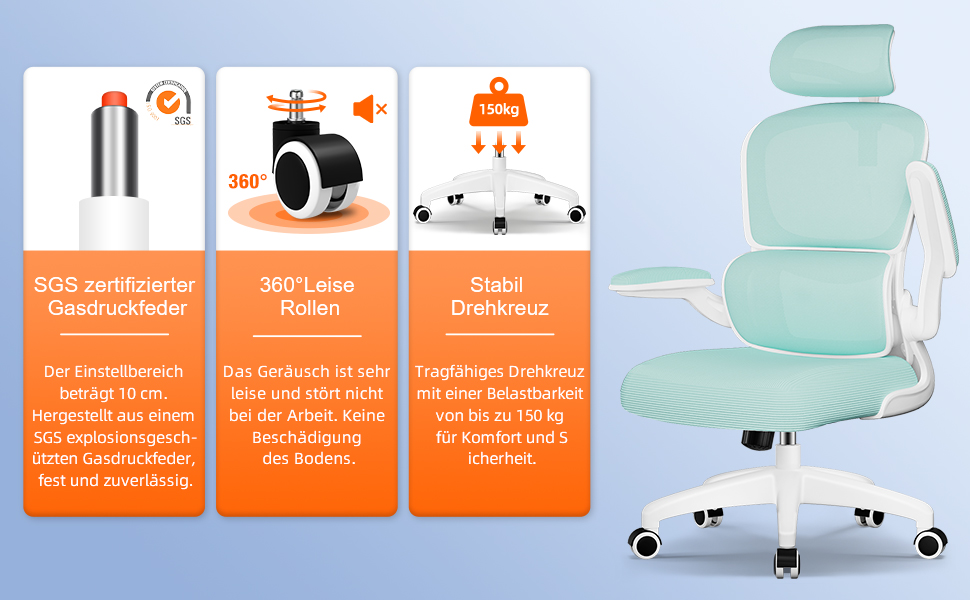 Ергономічне крісло для офісу з регульованою підголівником, поперековою підтримкою та відкидними підлокітниками, крісло для начальника, 150 кг, функція гойдання до 135° (Блакитно-зелений, Модель 2)