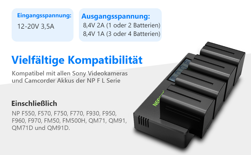 Зарядний пристрій NEEWER 4-канальний для акумуляторів Sony NP-F з LCD дисплеєм (NP-F550, F570, F750, F770, F930, F950, F960, F970, FM50, FM500H, QM71, QM91, QM71D, QM91D)