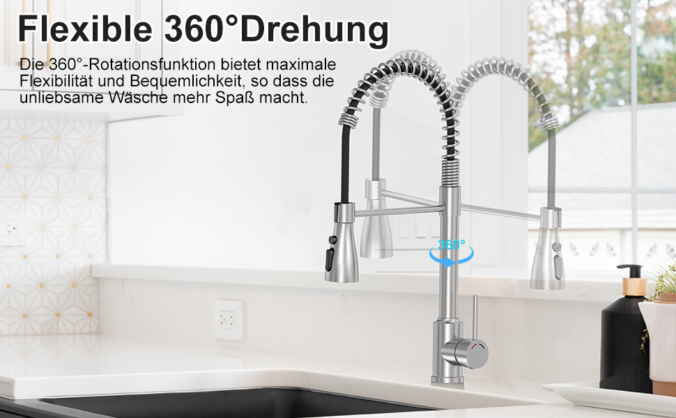 Кухонний змішувач SREWOHS PRO з висувним виливом, поворотний на 360°, 4 функції, з ABS-насадкою для кухонної мийки, проста установка
