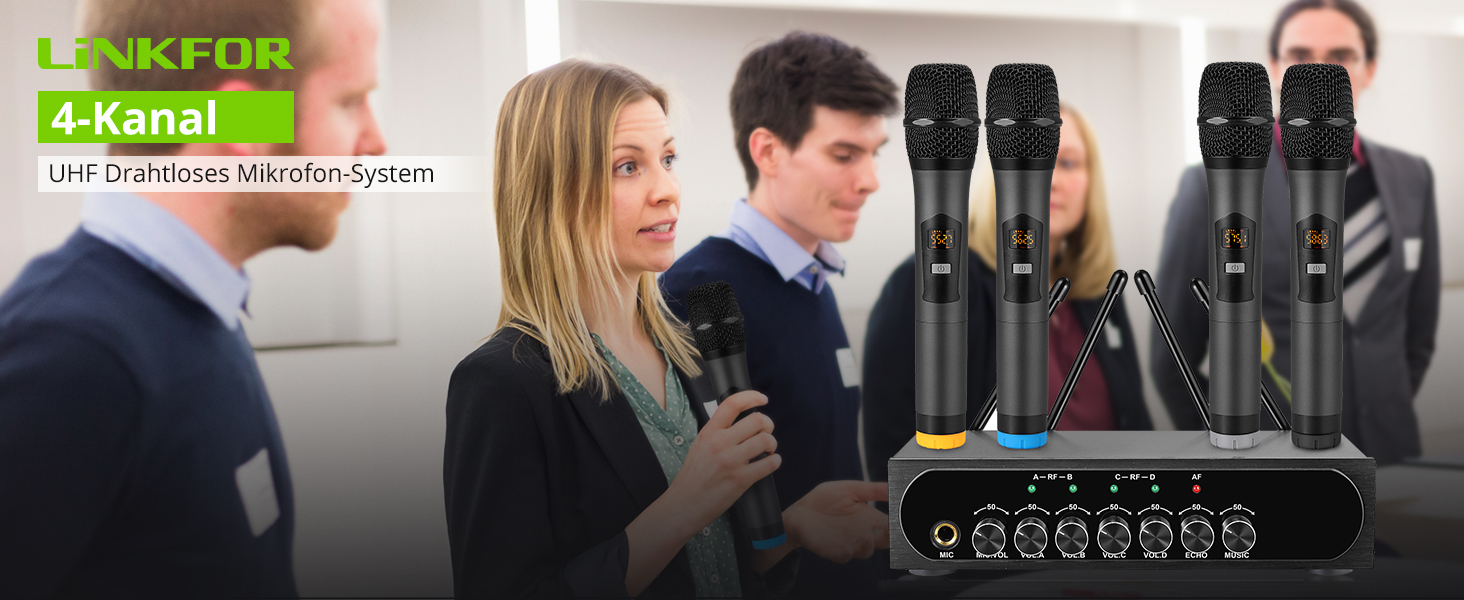 LiNKFOR UHF мікрофонний комплект з 4-ма ручними мікрофонами, 50 каналів, Bluetooth, AUX - для DJ, співу, церкви, весіль