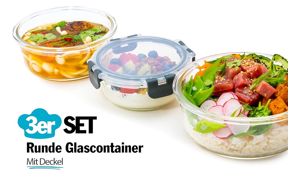 Контейнери для їжі Igluu Meal Prep, скляні, набір 3 шт (400/650/950 мл) - BPA-free, мікрохвильовка, духовка, морозилка, посудомийка