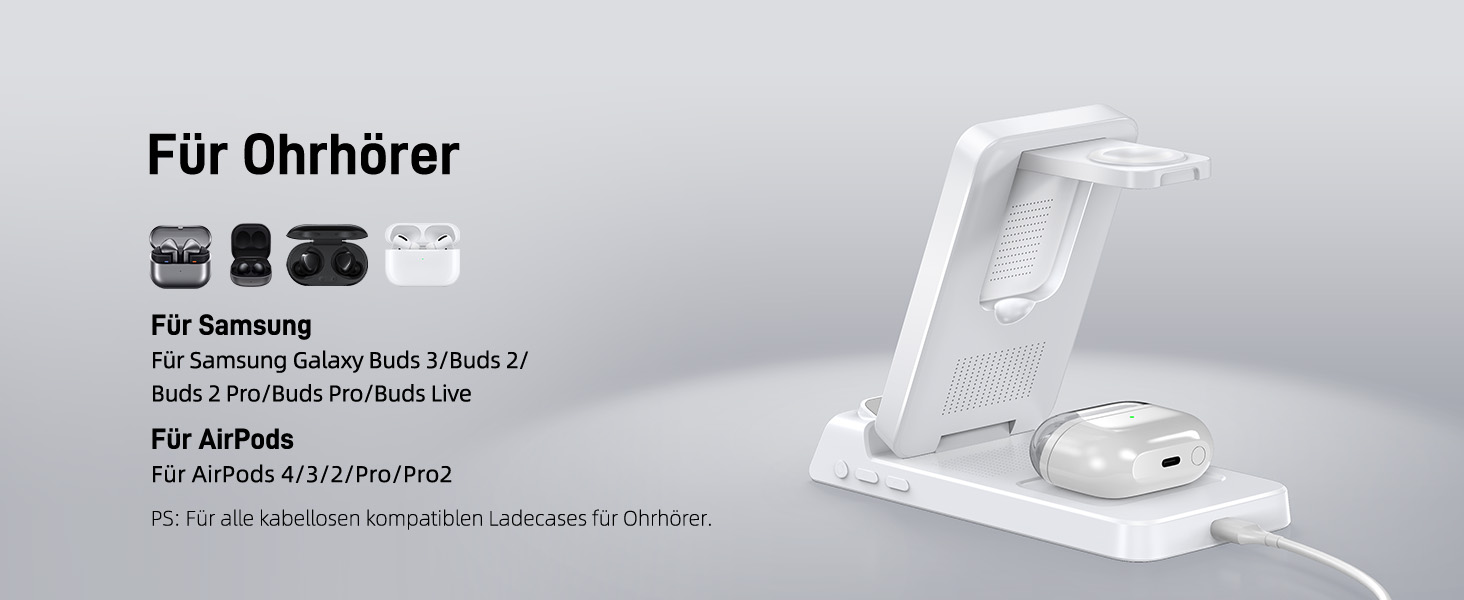 Бездротова зарядка для Samsung з годинником: станція для Galaxy S25 Ultra/S24/Z Fold 6/Flip 7/Bud, Watch, серій 8/7/6/5Pro, 3 в 1, сірий (білий)