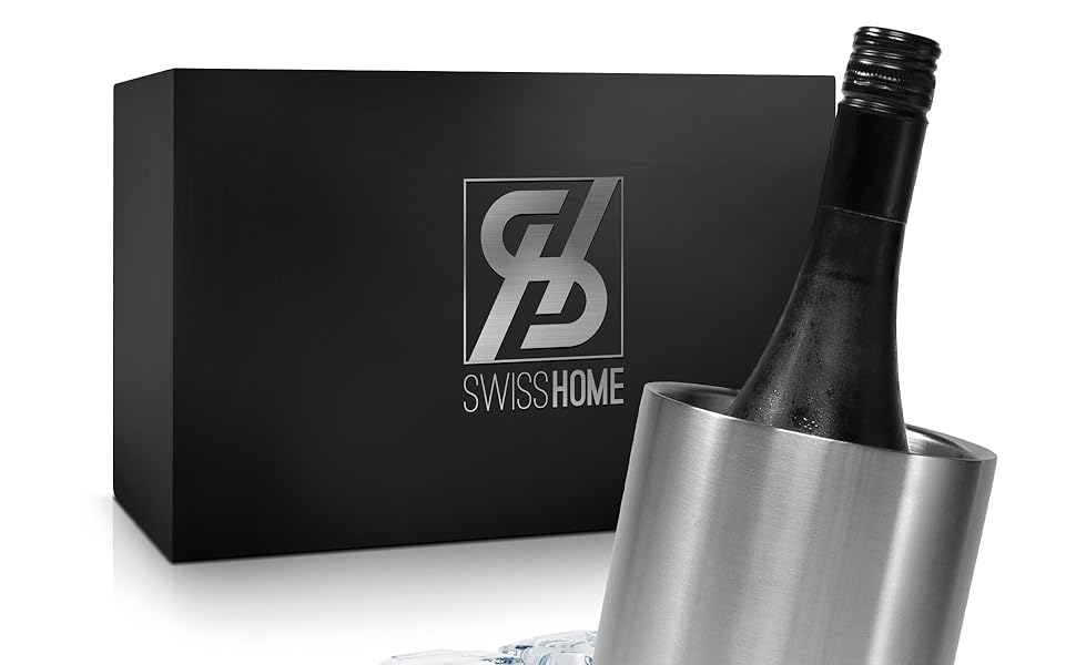 SWISS HOME® Охолоджувач для пляшок вина, шампанського та ігристого вина з нержавіючої сталі, подвійні стінки, у подарунковій коробці