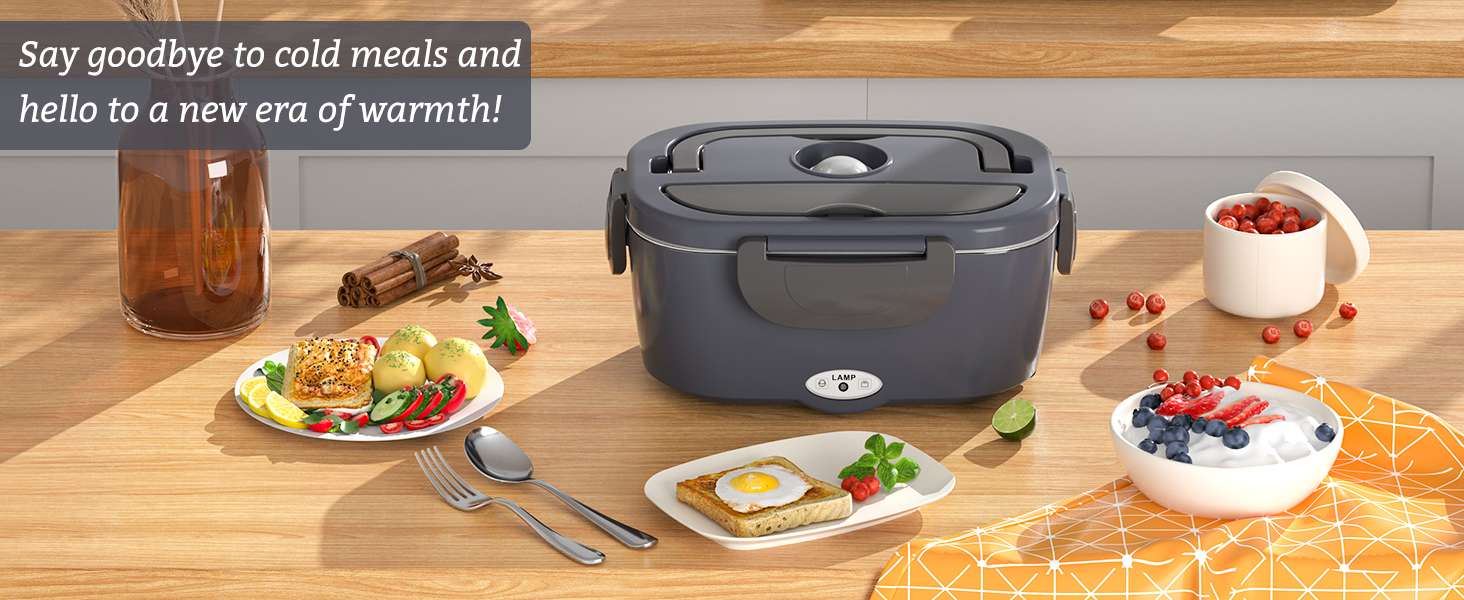 Електрична ланчбокс Carsolt 80W 1,5L з 3 функціями (нагрівання, термобокс, ланчбокс) для авто, офісу та дому. Висока якість, сірий колір, 12V/24V/230V, знімний контейнер. Безпечна від протікання.