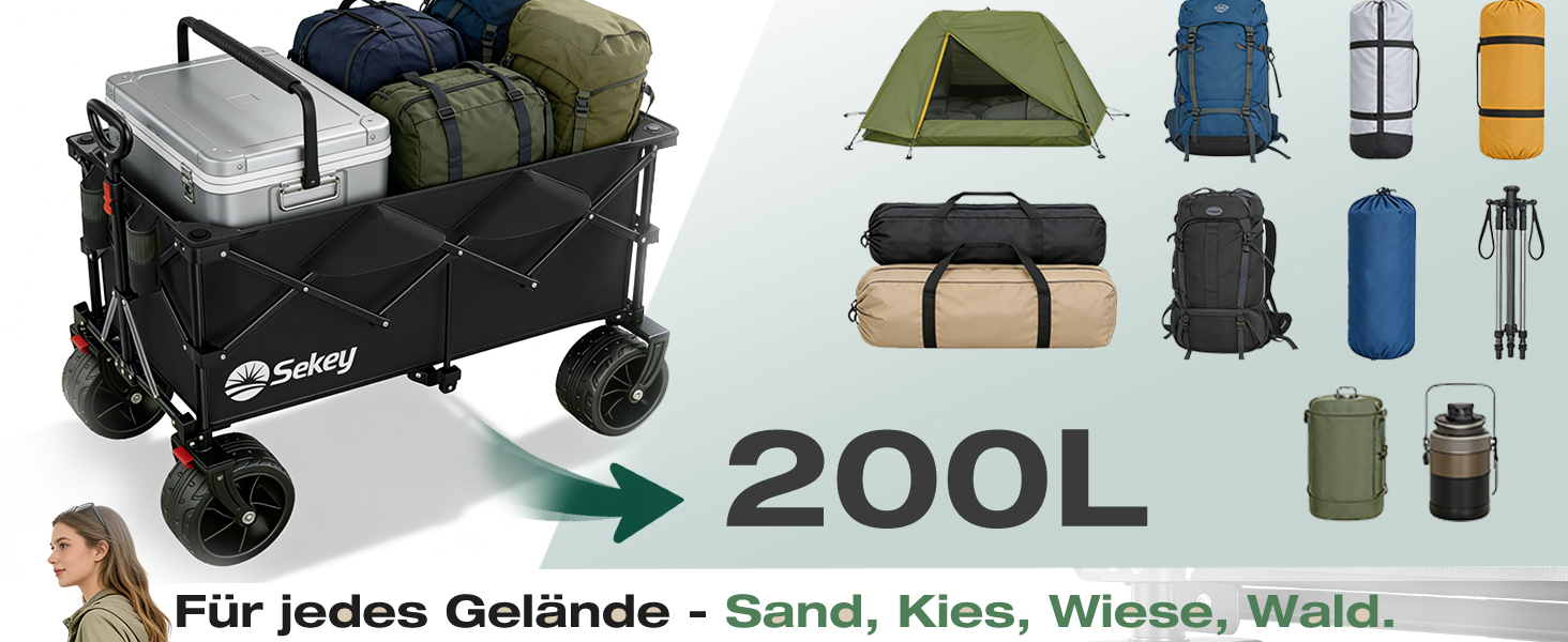 Універсальний складаний візок Sekey XXL Plus 200L/200кг з гальмами та широкими колесами для бездоріжжя (чорний, колеса 10 см)