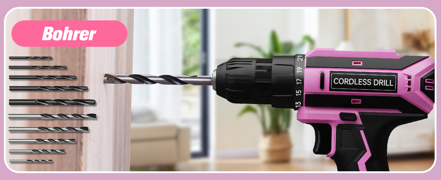 Акумуляторний шурупокрут-дрель 20V, 56 шт. у наборі, 42Nm, LED-підсвітка, рожевий, для дому та майстерні