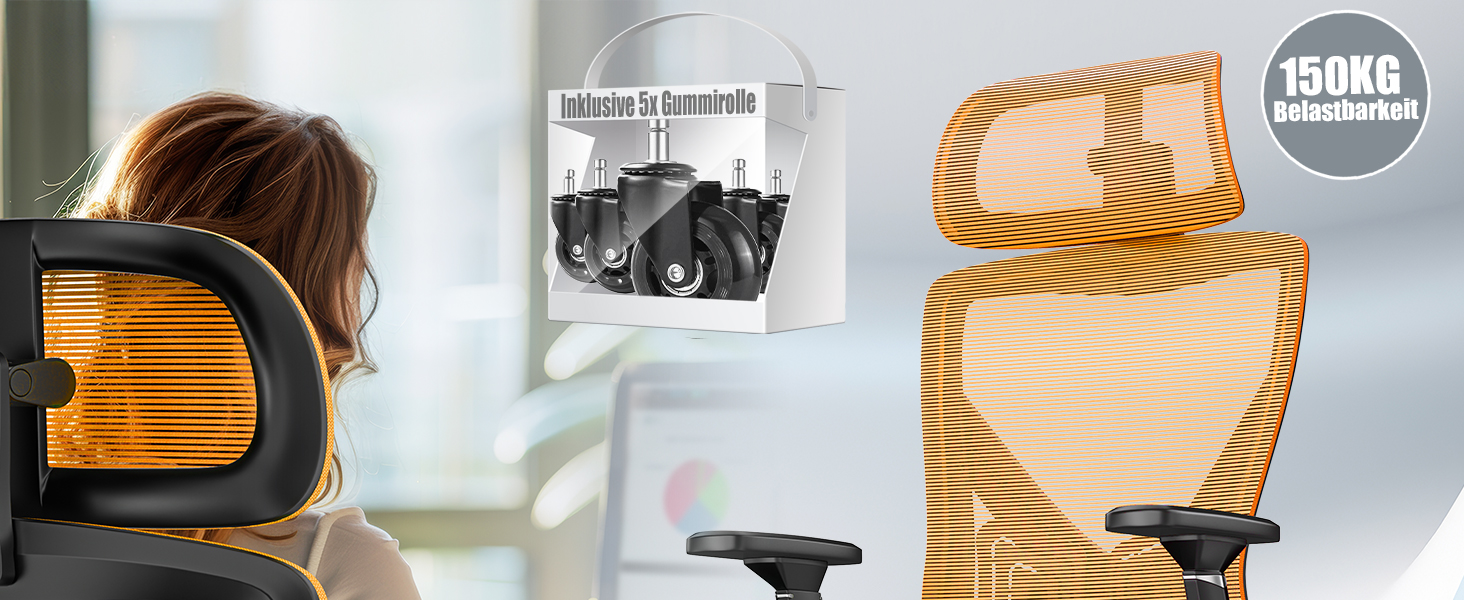 Офісне крісло KESSER® ергономічне з регульованими підлокітниками, поворотне з підтримкою попереку, з підголівником. Функція гойдання до 125° та 5 роликів. Оранжевий/срібний колір.