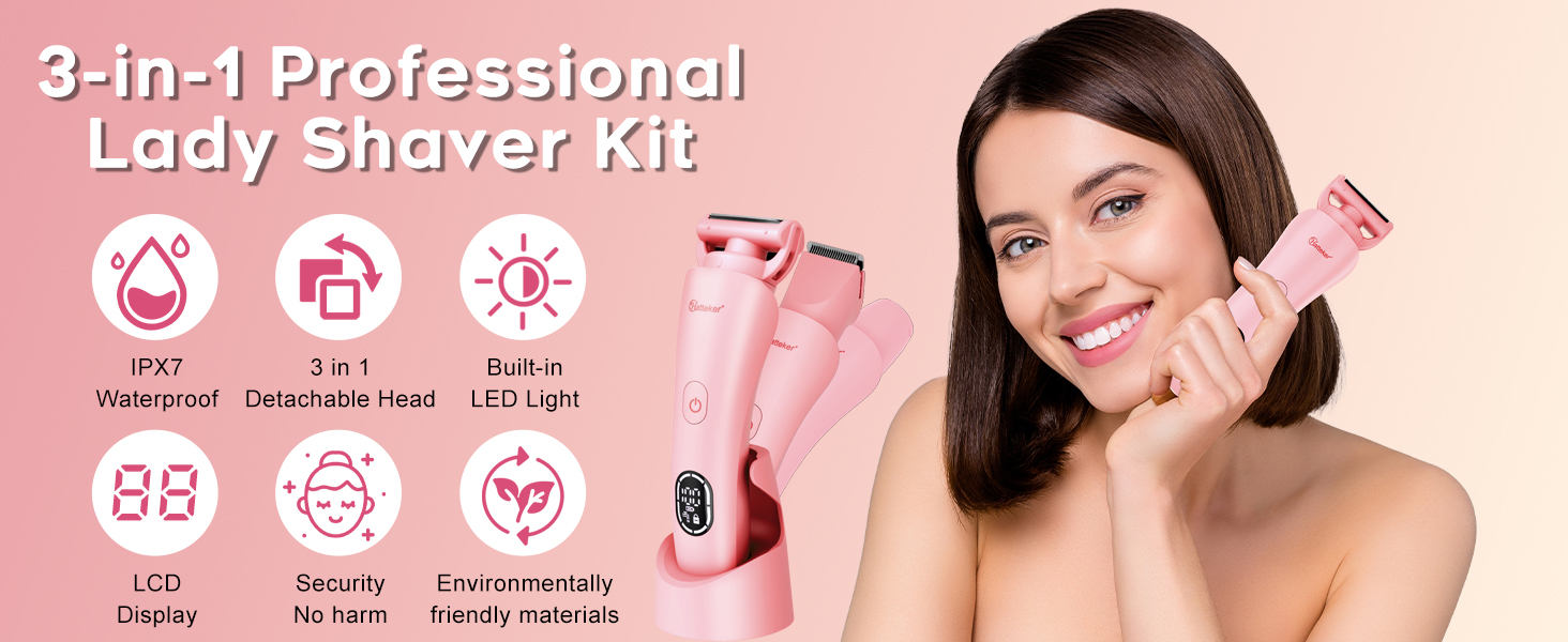 Електричний епілятор Hatteker 3-в-1 для жінок: тример для бікіні, епілятор та бритва. LED-дисплей, IPX7, USB-зарядка (Рожевий)