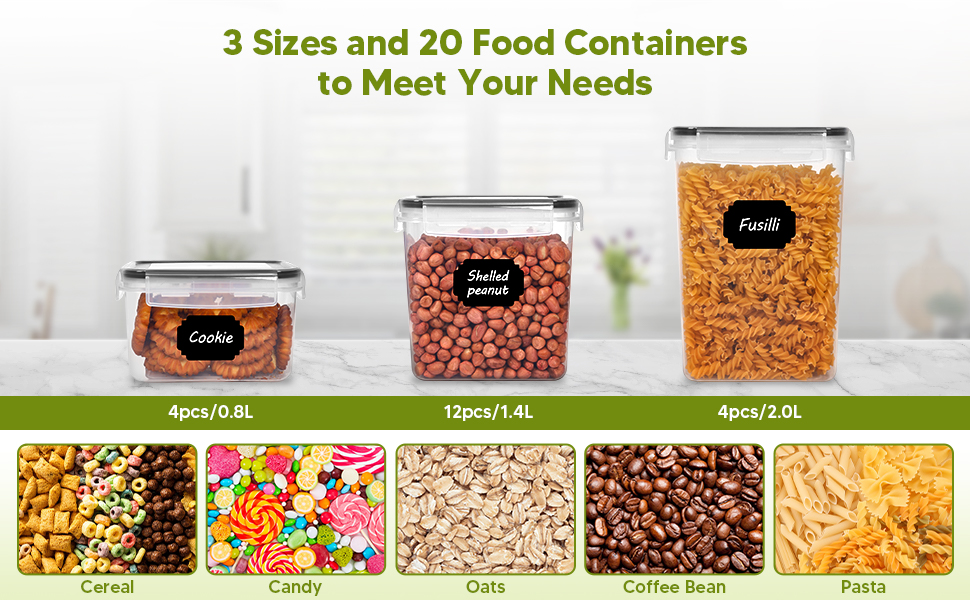Набір контейнерів для продуктів на 20 штук з кришкою, герметичні, BPA-free, з етикетками, для зберігання круп, борошна, мюслі, кухонний органайзер
