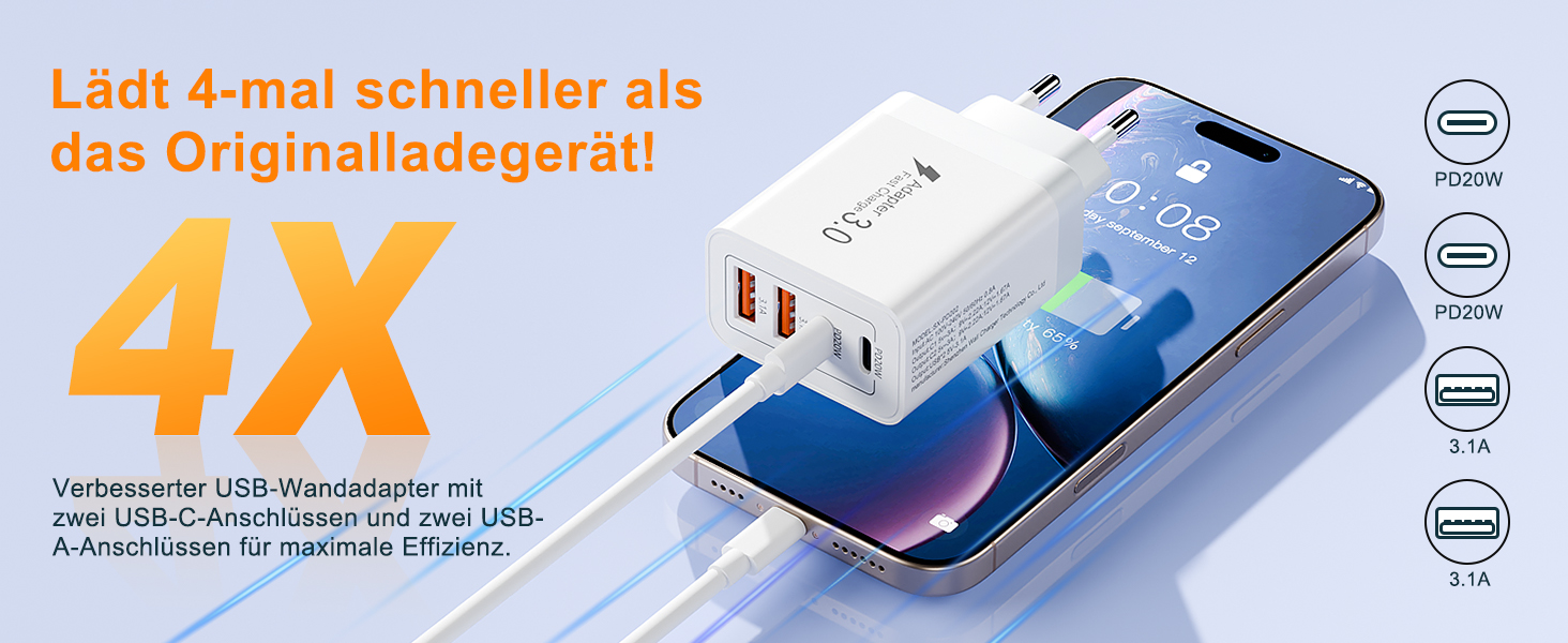 Мережевий зарядний пристрій USB C на 40W з 4 портами, PD3.0, для iPhone, iPad, Samsung, білий