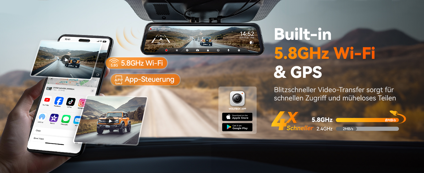 Автомобільна камера заднього виду WOLFBOX G900 Tripro 4K + Dashcam 2.5K/1080P, STARVIS 2 IMX678, WiFi, GPS, 256GB карта, голосове керування
