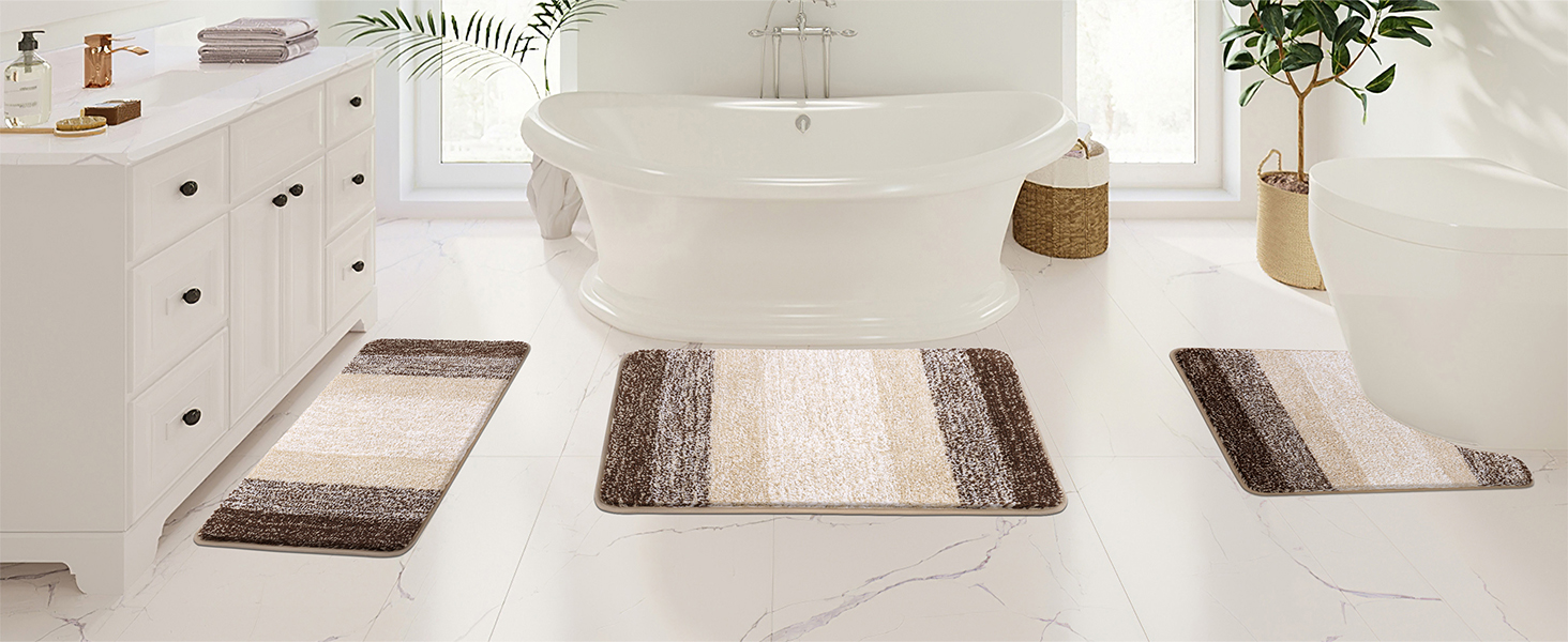 Enyhom 3-Piece Microfiber Bath Mat Set - Non-Slip Bathroom Rugs & Toilet Mat Set (Coffee, 45x65cm, 50x80cm, 50x60cm)