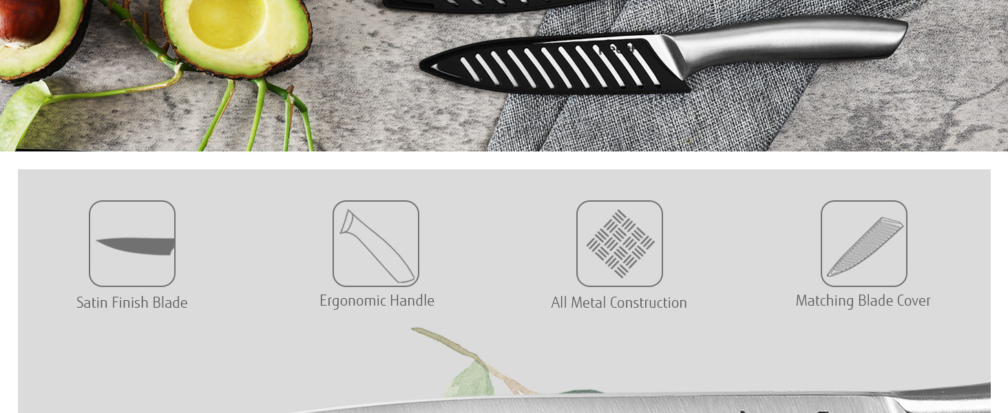 Набір кухонних ножів Hecef (3 шт) з нержавіючої сталі, сріблястого кольору, з порожнистим руків'ям, з захисними піхвами