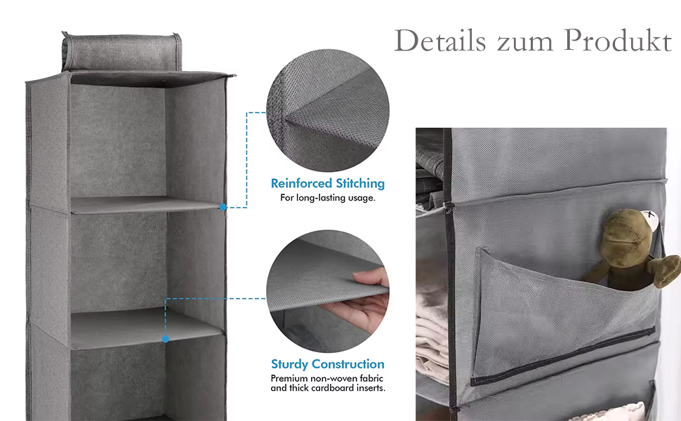 Настінна полиця-органайзер для шафи з 6 відділеннями та 2 кишенями сірого кольору для одягу та взуття