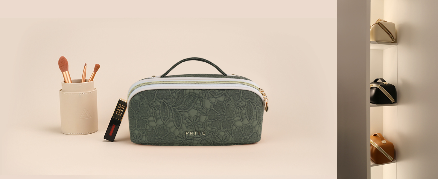 Косметичка для подорожей великого об'єму з прозорими перегородками, зелена квітка, водонепроникна, з PU-шкіри