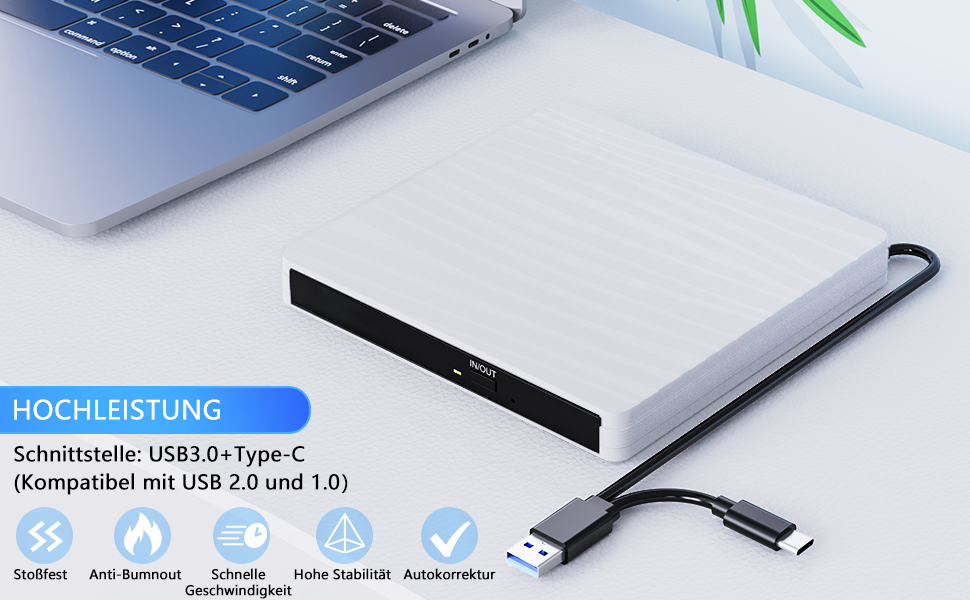 Зовнішній DVD-привід USB 3.0 та Type-C, портативний CD/DVD+/-RW записувач для ноутбука, ПК, MacBook, Windows, MacOS, Linux (Білий)